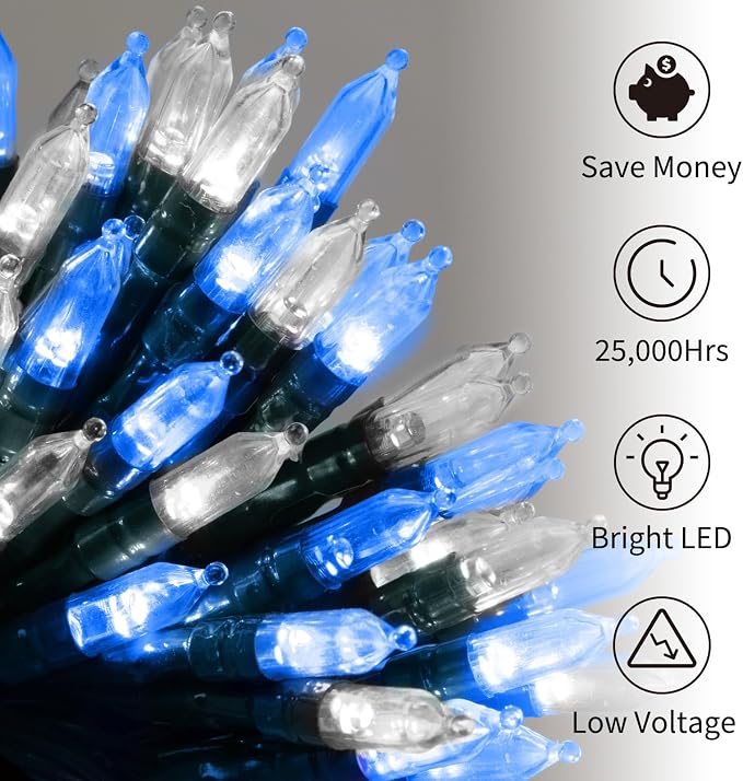Brightown Battery Operated Christmas Lights 2 Pack 18 Feet 50 LED Clear Mini String Lights with 8 Modes Waterproof Tree Lights for Xmas Outdoor Indoor Holiday Party Garden Decor, Blue & White