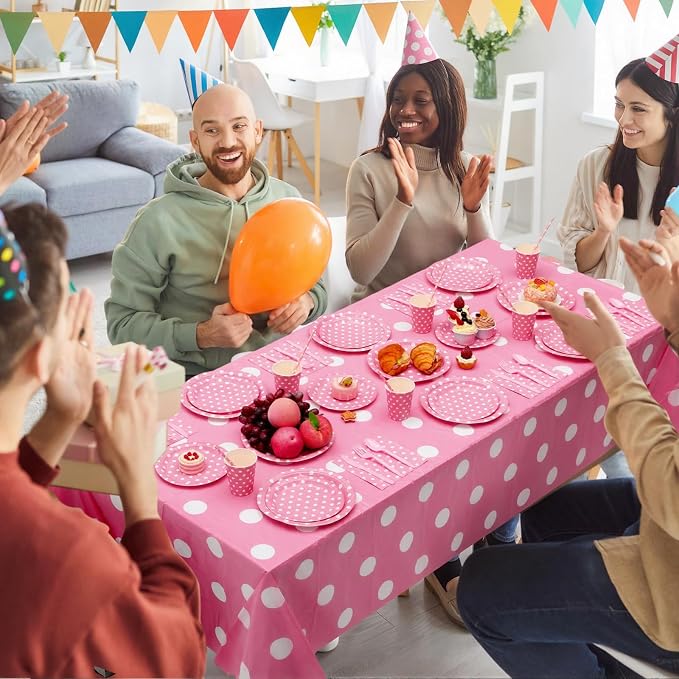 Funnymoom 452 Pcs Pink Polka Dot Party Supplies for 50, Pink and White Polka Dot Paper Plates Napkins Cups Tablecloth Cutlery Straws for Mouse Birthday Carnival Family Picnic Barbecue Party Decoration