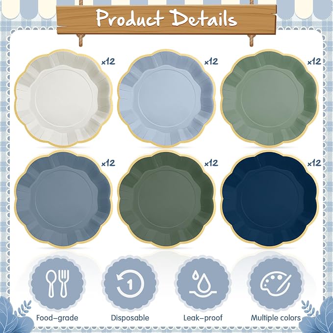 72 Pcs Dusty Blue and Sage Green Color Paper Plates 9 Inch Green Blue Gradient Scalloped Paper Disposable Dinner Dessert Plates for Birthday Wedding Bridal Party Supplies, 6 Colors