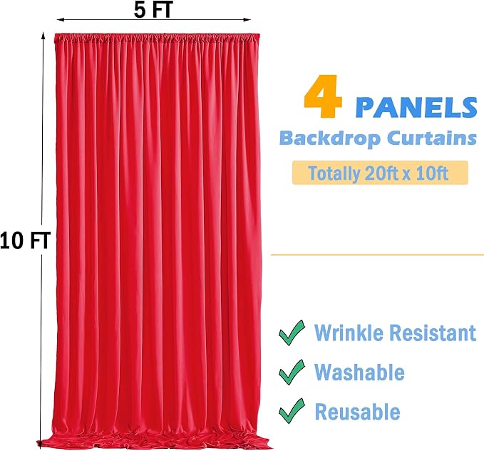 20ftx10ft Red Backdrop Curtains for Parties, Wrinkle Free 4 Panels Silky Polyester Photo Backdrop Drapes Back Drop Cloth Drapery for Wedding Birthday Photography Background Decor