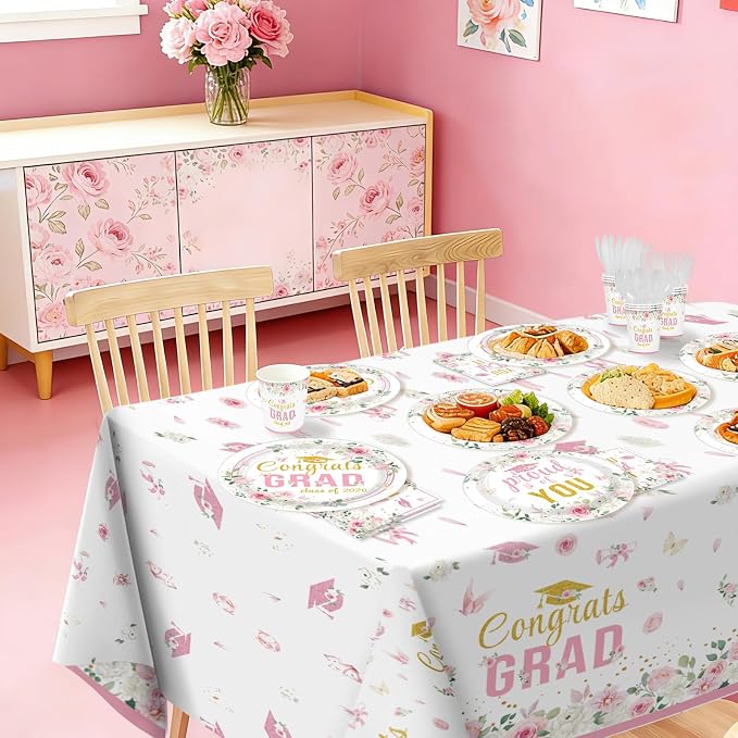 170 Pcs Graduation Party Decorations Class of 2026 Graduation Pink Floral Plates Napkins Cups Forks Knives Spoons Tablecloths for High School College 2026 Pink Grad decorations Serves 24