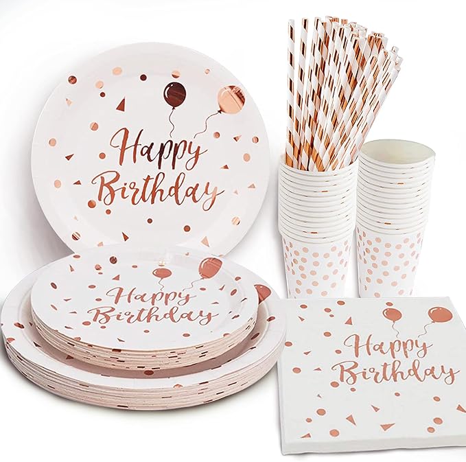 White & Rose Gold Party Supplies - Rose Gold Dots Happy Birthday Paper Plates and Napkins, Cups and Straws, Birthday Party Decorations for Girls and Women, Serves 24