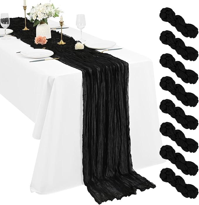 8 Pack Cheesecloth Table Runner, 10Ft Boho Gauze Table Runner 21×120 Inch Rustic Romantic Long Table Runner for Wedding Party Bridal Shower Thanksgiving Christmas Decoration (Black)