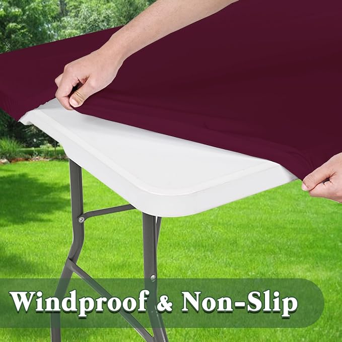 6 Pack 8 Foot Picnic Table Cover Fitted Elastic Tablecloth for Rectangle Tables Waterproof Stretch Washable Folding Indoor Outdoor Spandex Table Cloth for Parties Banquet Camping (Wine Red,30" x 96")