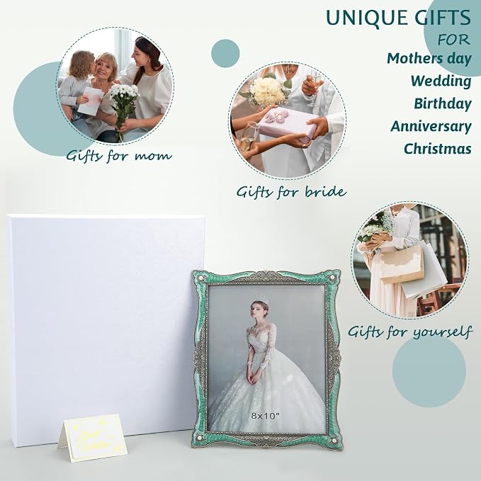 8x10 Vintage Green Enamel Metal Picture Frame Unique Ornate Gemstone Photo Frames with Glass Front, Tabletop Art Decoration, Creative Gifts for Women, Horizontally & Vertically