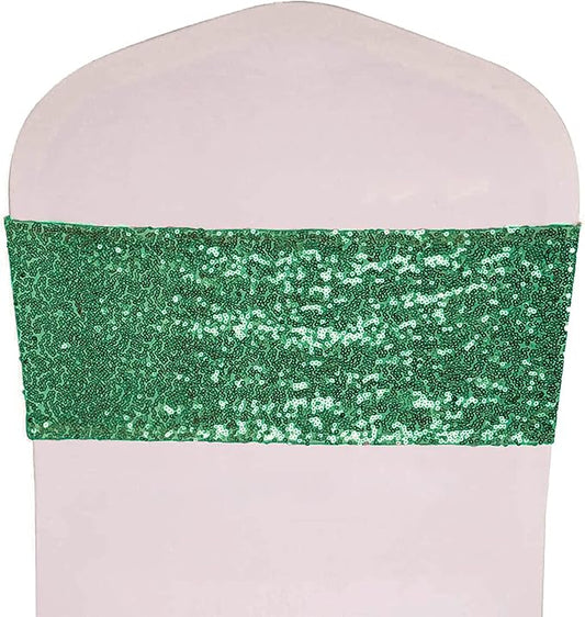 Pack of 50 Stretch Sequin Chair Sashes Chair Bands One-Sided Sequins Decor for Hotel Wedding Reception Events Party Chair Cover Decoration (Green)