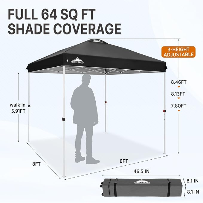 EAGLE PEAK Pop Up Canopy Tent with Wheeled Carry Bag, 8 Stakes, 4 Ropes, Easy Set Up Tent Canopy, 8x8 ft, Black