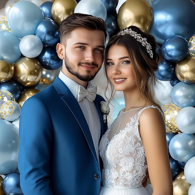 Blue and Gold Balloons Arch Kit - 119 PCs Double Stuffed Pastel Blue Balloons Dusty Navy Light Metallic Blue Gold Confetti Balloons for Bridal Shower Wedding Birthday Party Decorations