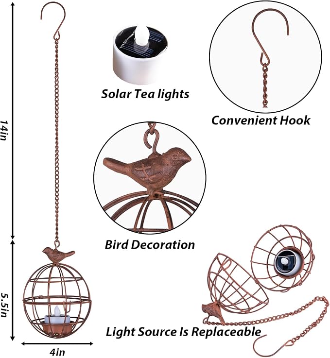 Outdoor Solar Hanging Lantern Lights, 4 Pack Rustic Ball Birdcage Hanging Candle Holder with Solar Tea Lights, Outdoor Waterproof Decorations for Patio, Backyard, Pergola, Tree Decor (Dark Orange)