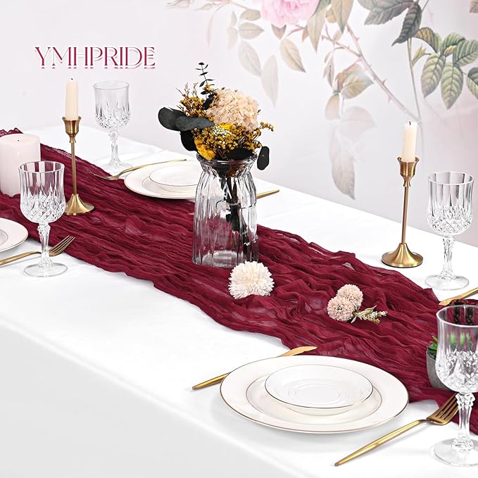 8 Pack Burgundy Cheesecloth Table Runner 120 Inch 10FT Spring Boho Rustic Sheer Gauze Cheese Cloth Table Runner for Wedding Baby Shower Birthday Party Table Decor