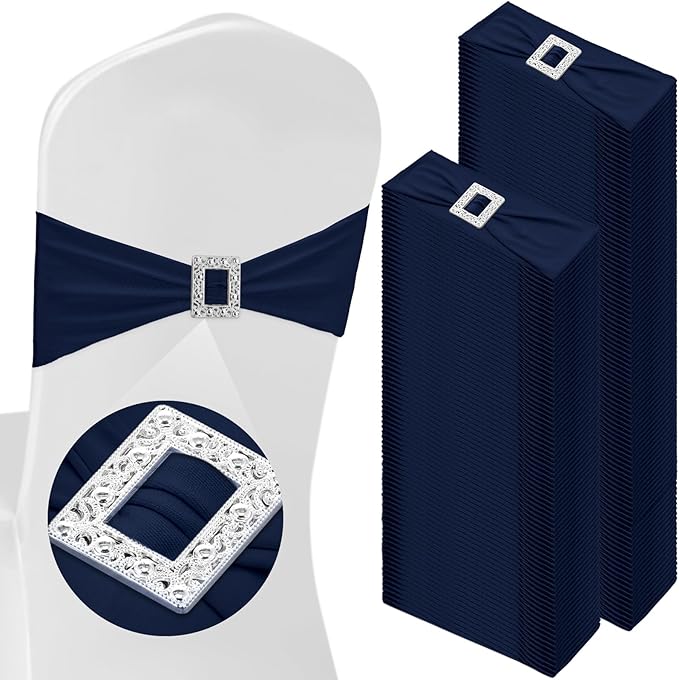 VitalCozy 150 Pcs Spandex Chair Sashes with Square Buckle Slider Stretch Chair Cover Band Universal Elastic Ties Straps Bows for Wedding Banquet Event Party Decoration(Navy Blue)