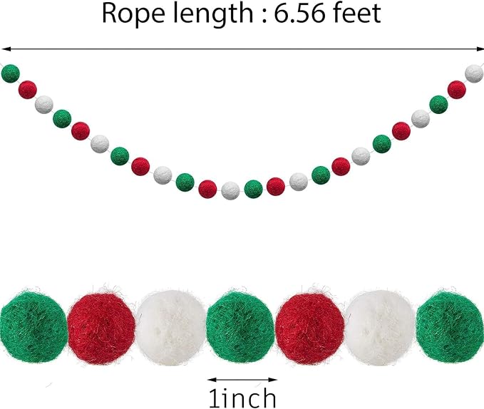 WILLBOND 3 Pieces Wool Felt Rainbow Ball Garland Colorful Pom Pom 6.5 ft Long 24 Ball Garland for Easter Mardi Gras Classroom Halloween Thanksgiving Xmas (Red,White,Green)