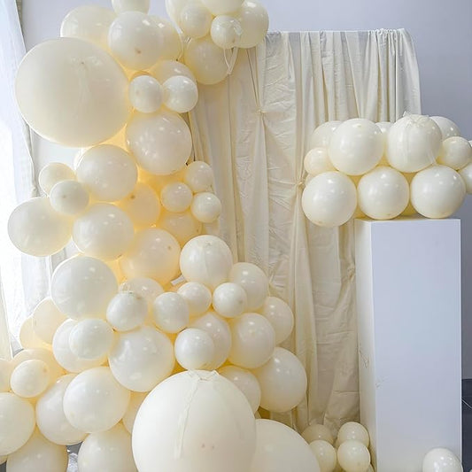 185pcs Double Stuffed Ivory and White Balloons Arch Kit with Satin Bows in Different Sizes 5 10 12 18 In, Cream Balloons for Birthday Baby Shower Gender Reveal Party Decoration (Cream)
