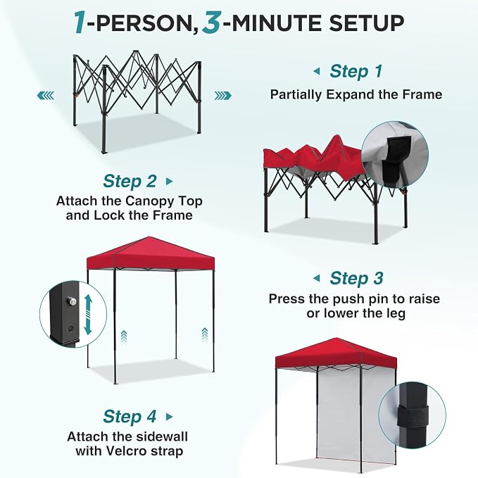 EAGLE PEAK 6x4 Instant Pop Up Canopy Tent with 1 Side Wall Panel, Straight Leg Sun Shelter, Portable Canopy with Carry Bag for Camping, Beach & Sports, Red