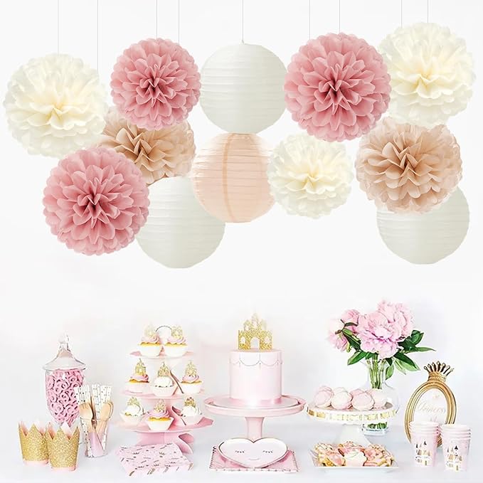 Rose Gold Pink Beige Champagne Party-Decorations Paper Lanterns Panduola | 15pc Tea Party Backdrop Boho Birthday Bachelorette Bridal Baby Shower Engagement Wedding Decor Tissue Pom Poms Streamers