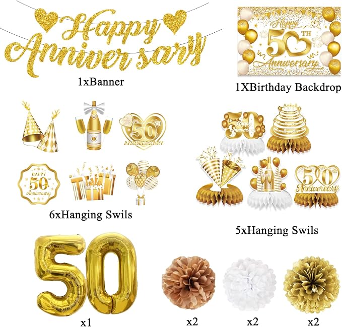 50th Anniversary Decorations, White Gold 50th Wedding Anniversary Decorations- Banner Backdrop Centerpieces Hanging Swirls Pom Pom Party Supplies