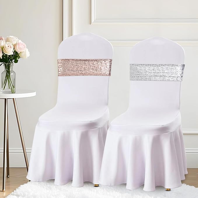 Eternal Beauty Set of 30 Rose Gold Chair Sashes Sequin Bands Bows Chair Sashes for Wedding Folding Chairs