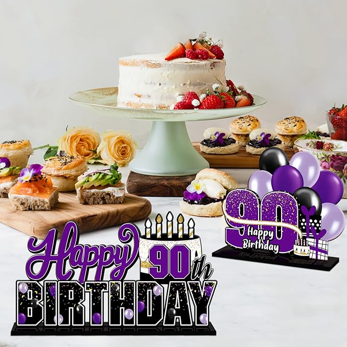 LINGTEER Happy 90th Birthday Purple Acrylic Table Topper Centerpieces Set - Cheers to Ninety Years Old Birthday 90th Bday Party Gift Decorations.