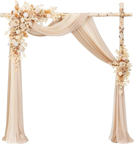 Ling's moment Wedding Arch Flowers with Drapes Kit-Pack of 5, 2pcs Flower Arrangements 3pcs Sheer Hanging Drapes White Ceremony Arbor Backdrop Artificial Rose Floral Decorations, Sand Beige