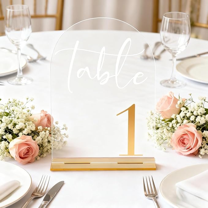 Arch Wedding Numbers 1–15 with Stands – Clear Acrylic Signs with Gold Text, Double-Sided 7x5 inch for Wedding Receptions, Parties, Anniversaries, Events