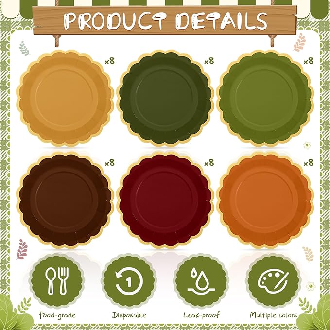 48 Pcs Green and Brown Paper Plates 9 Inch Gradient Woodland Scalloped Paper Plates Disposable Dinner Dessert for Birthday Wedding Bridal Party Supplies, 6 Colors