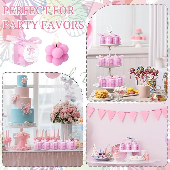 MTLEE 24 Sets Pink Bow Party Favors Small Bubble Candle Baby Shower Favors for Guests Tea Candles Bulk with Stylish Ribbons Cards Gifts Party Decoration(Bright Pink,Bow)