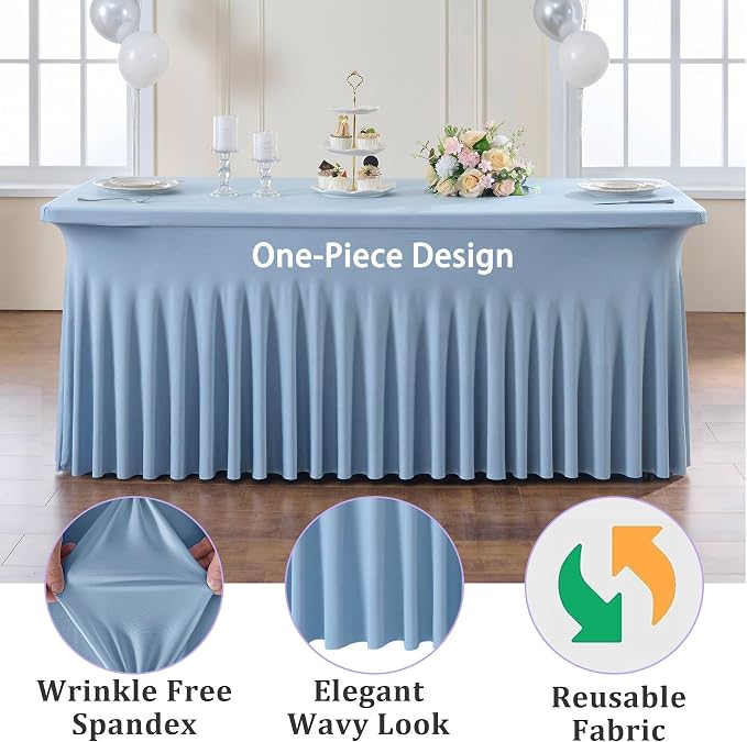 4 Pack Dusty Blue Spandex Tablecloths for 6 Foot Rectangle Tables, Wrinkle Free Stretchy Table Cloths 6ft Fitted Table Cover DeskSkirt for Weddings Birthday Party Banquet Baby Shower