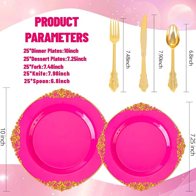 125PCS Hot Pink Plastic Plates - Pink Disposable Plate - Elegant Party Plates with Gold Plastic Silverware Sets for 25 Guests for Wedding & Birthday Party & Baby Shower