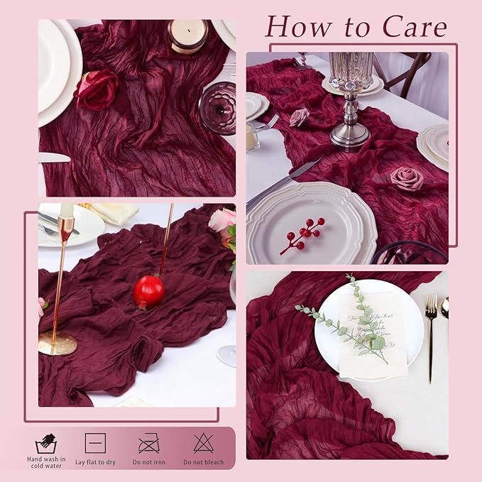 10 Pack Burgundy Cheesecloth Table Runner 17x108 Inch Semi Sheer Boho Rustic Gauze Cheese Cloth Table Runners for Wedding Party Birthday Baby Shower Home Décor