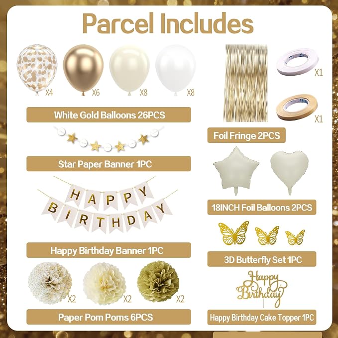 White Gold Birthday Decorations Beige Gold Balloons Happy Birthday Banner Cake Topper Fringe Curtain Paper Pom Poms Butterfly Sticker White Sand Star Heart Foil Neutral Boho Party Men Women