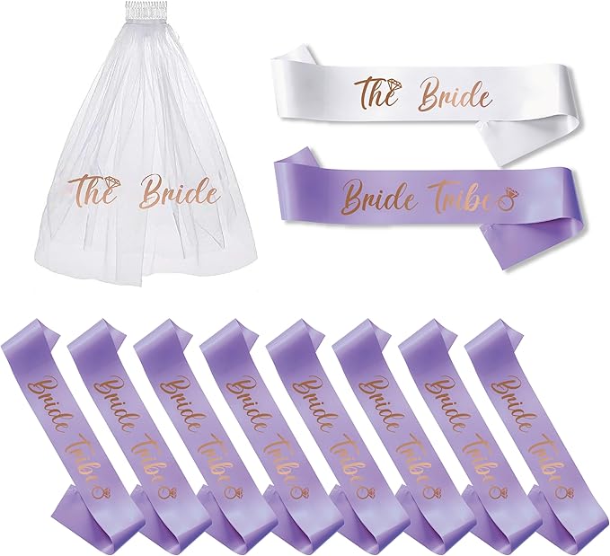 PartyGifts&beyond Bachelorette Party Favors Bride to Be Sash and Veil Set Bachelorette Sashes Bridal Shower Gifts Bride Tribe Sash (Lavender, 11pcs)