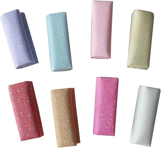 Glitter Tulle Fabric Roll 6 Inch x 9 Yards (By the Yard) 8 Assorted Colors - Durable Tulle Mesh Ribbon for DIY Tutu, Wedding Decorations, Baby Shower & Christmas Craft Supplies
