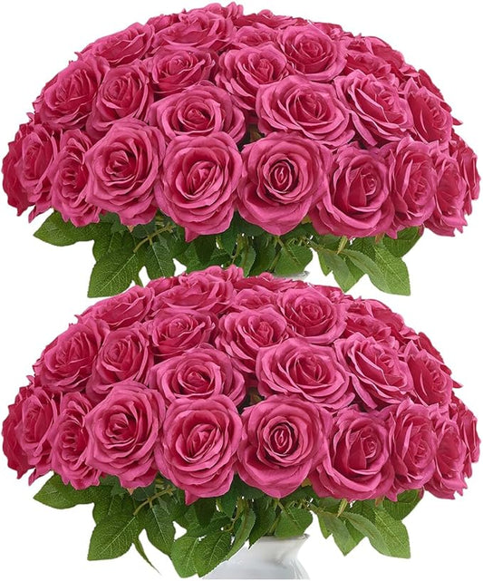 50pcs Hot Pink Roses Artificial Flowers Bulk,Fake Roses Silk Flower with Stems Realistic Flowers for Wedding Centerpiece Home Party Decor