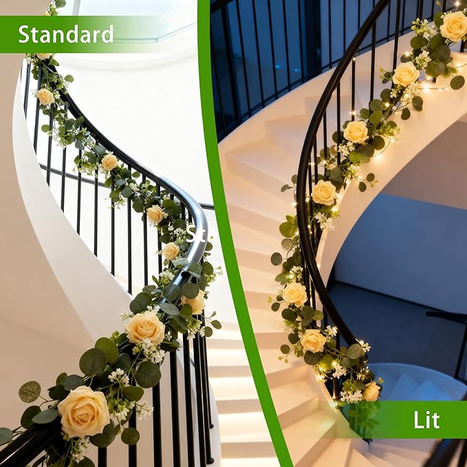 2 Pack 5.9 FT Artificial Flower Garland with Lights, Fake Floral Garland with 12 Champagne Roses, White Flower Decorations for Arch Table Centerpieces Backdrop Party Home Wedding Decorations