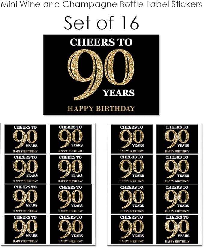 Big Dot of Happiness Adult 90th Birthday - Gold - Mini Wine and Champagne Bottle Label Stickers - Birthday Party Favor Gift for Women and Men - Set of 16