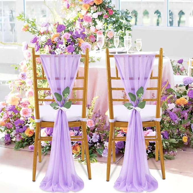QueenDream Light Purple Chair Sashes 24 Pieces Sheer Chairs with Artificial Eucalyptus Designed Decorative Soft Chair Covers for Wedding Aisle Chairs Decoration