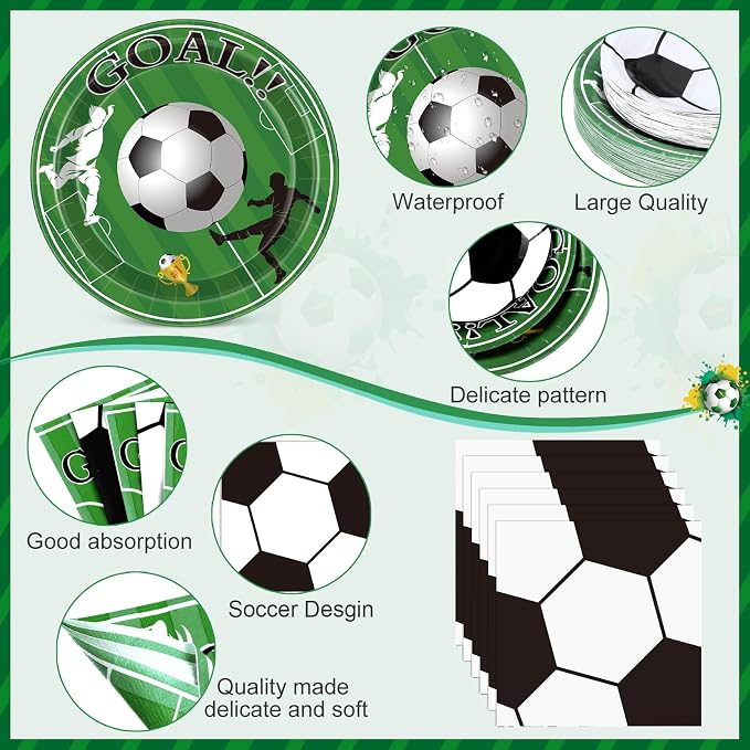 Potchen 452 Pcs Party Supplies Serve 50 Guests, Paper Plates Napkins Cups Cutlery Plastic Tablecloth Dinnerware for Birthday Wedding Party Decoration(Green, Soccer)