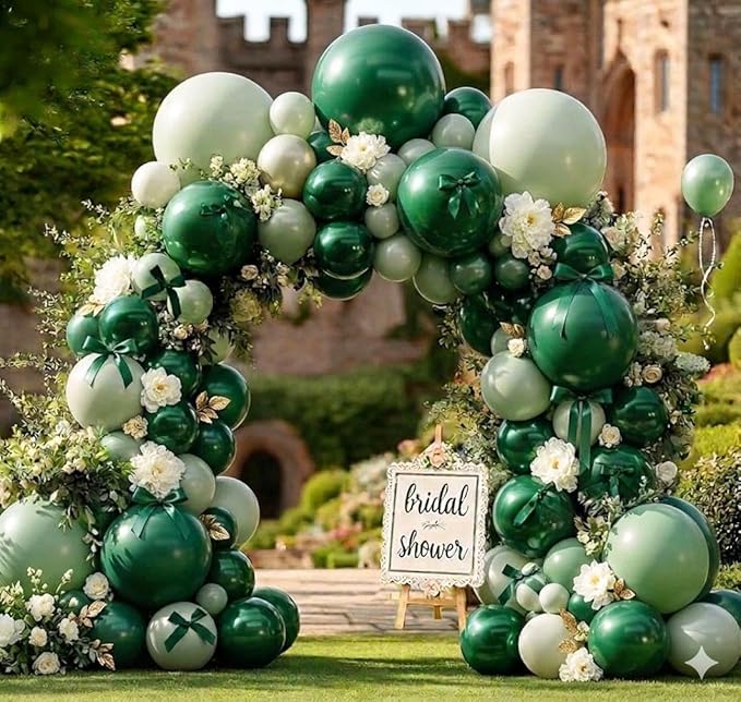 Emerald Green Balloon Arch Kit with Bow, Double Stuffed Dark Forest Hunter Green Dusty Pastel Light Green Balloon Garland for Birthday Bridal Baby Shower Graduation Jungle Safari Party Decoration
