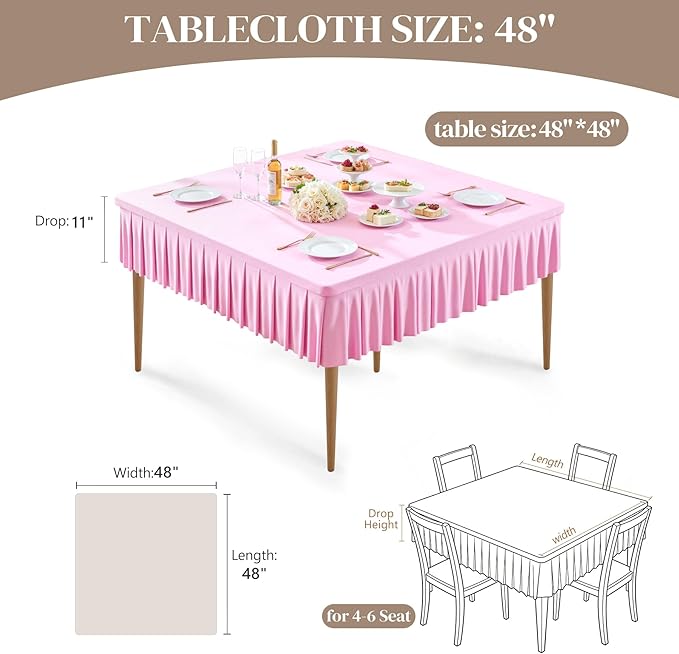 Wish Care Pink Spandex Tablecloths for 48x48 Inch Square Tables, Stretch Fitted Table Clothes with Pleated Ruffle Skirt for 48” Table, Wrinkle Free and Elastic, for Party Kitchen Home Dining