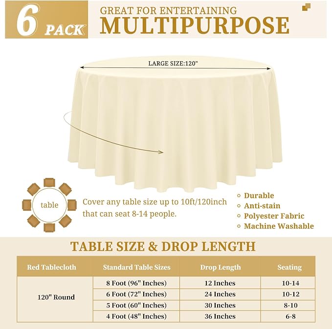 YMHPRIDE 6 Pack Beige Tablecloths - 120 Inch Polyester Round Table Covers, Washable Fabric for Wedding, Party, Dining, Banquet
