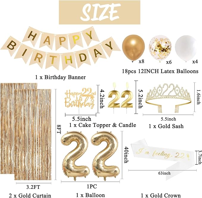 Trgowaul 22nd Birthday Decorations for her, Champagne Gold Happy 22nd Birthday Supplies for Girls, 22 Sash and Crown, Banner, Fringe Curtains, Cake Topper, 22 Year Old Party Supplies Set