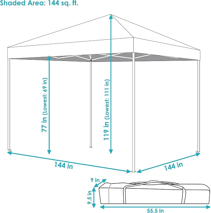 Sunnydaze 12 x 12 Foot Standard Pop Up Canopy with Carry Bag - Straight Leg Folding Outdoor Shade Shelter - Blue