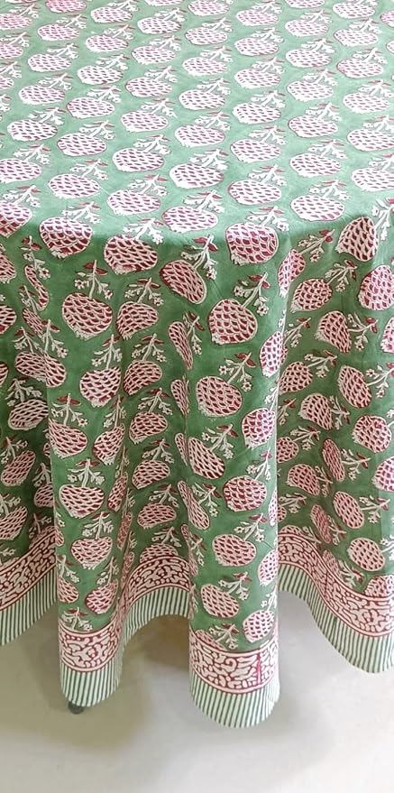 ATOSII Roma Green 100% Cotton Round Tablecloth, Handblock Print Floral Table Cloth for Kitchen Dining Linen I Parties, Weddings, Outdoors, Spring Summer Decor I 72" Inches Round