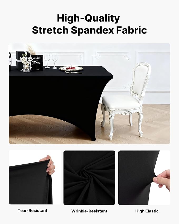 VEVOR 6 Pack Table Cloth for 8FT Rectangular Fitted Events, Wrinkle-Resistant Stretch Black Table Covers, Washable Spandex Tablecloth Protector, for Party, Wedding, Cocktail, Banquet, Festival