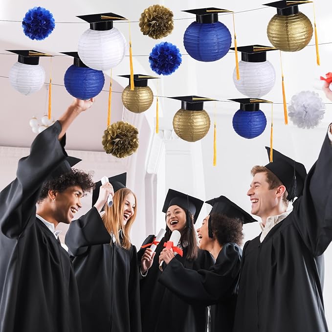Gilprop 15 Pcs Blue and Gold Graduation Decoration 2026 Paper Lanterns Graduation Party Decorations Hanging Round Paper Lanterns with Black Grad Hat Tassel for Congratulation Grad Decorations