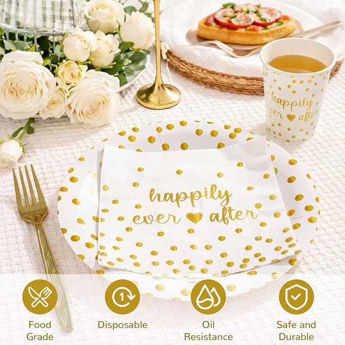 MotiMind 120 Pcs Happily Ever After Tableware Set Wedding Reception Party Table Decorations White and Gold Dot Paper Plates Cups Napkins Forks for 24 Guests Wedding Bridal Shower Engagement Party