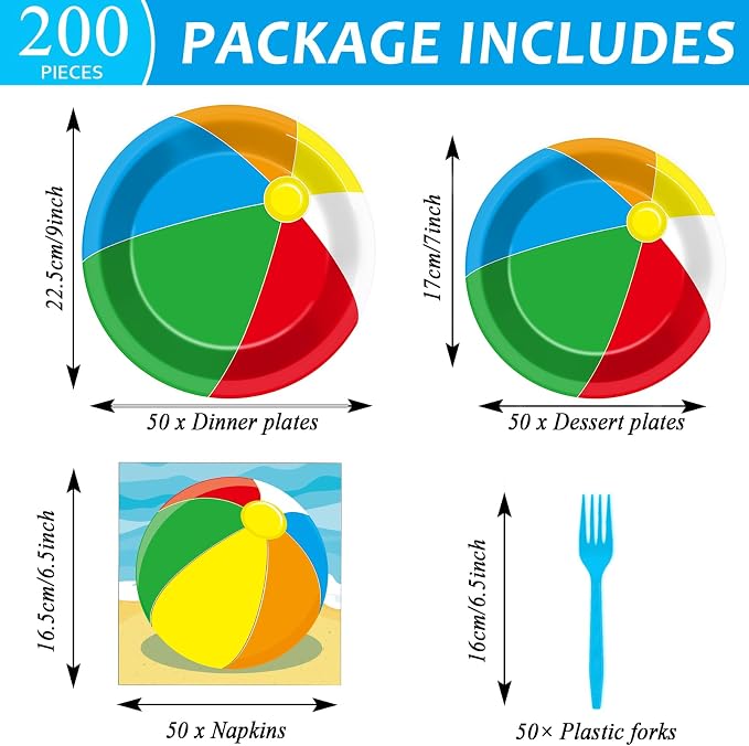 Qyeahkj 50 Guests Beach Pool Ball Party Plates and Napkins Tableware Set Summer Pool Beach Birthday Party Dinnerware Supplies Favors Decorations for Hawaiian Camp, 200PCS
