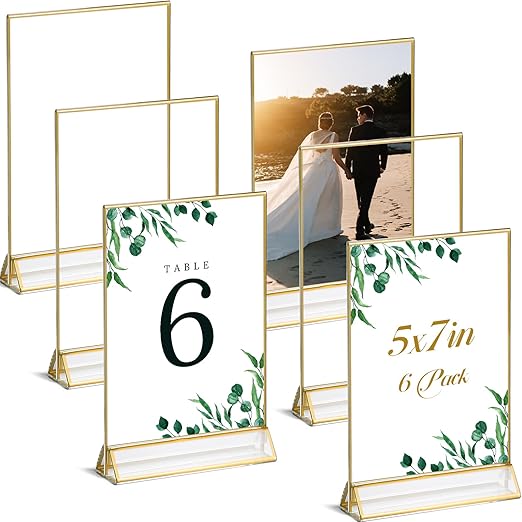 UNIQOOO Acrylic Sign Holders with Golden Border, Portrait View, Pack of 6 | 5x7 Double Sided Clear Frame