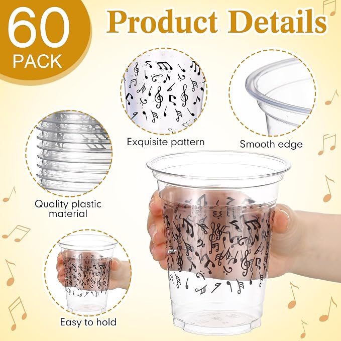 Funnymoom 60 Pack Music Notes Cup 12 oz Disposable Clear Plastic Musical Cups for Men Women Music Birthday Party Decorations Favors Wedding Anniversary