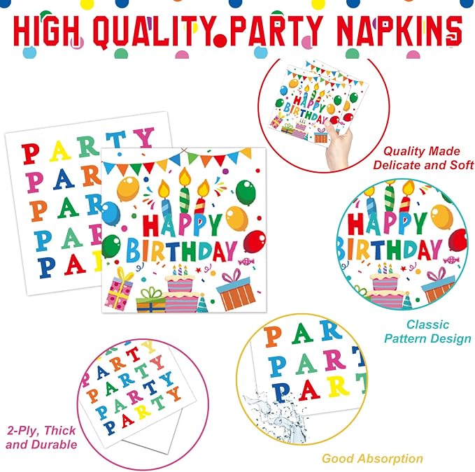 Happy Birthday Decorations - Colorful Dots Birthday Party Supplies Includes Plates, Napkins, Cups, Cutlery, Banner, Hanging Swirl, Tablecloth, Balloons for Birthday Decorations, Serves 24